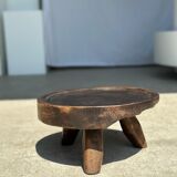 Small tripod stool low in dark brown upcycled teak
