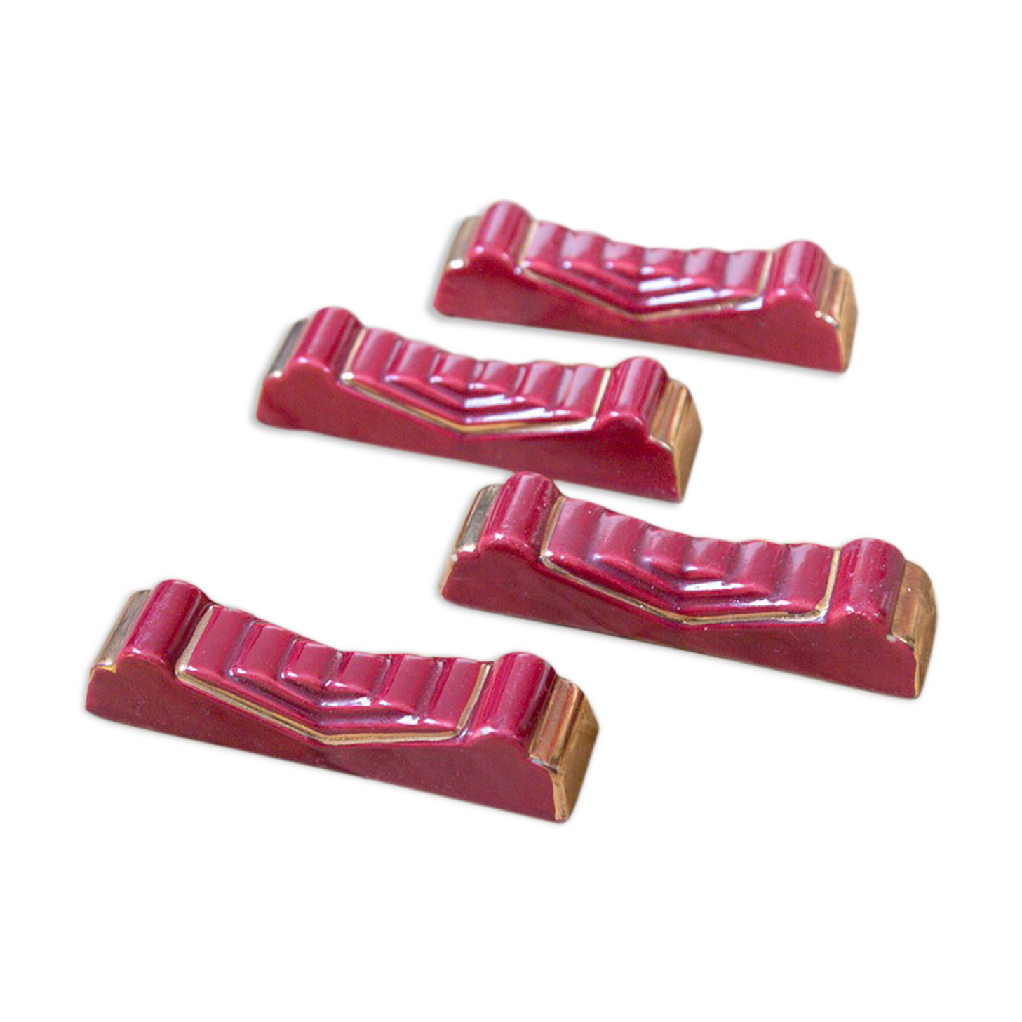 4 red and gold art deco ceramic knife holders
