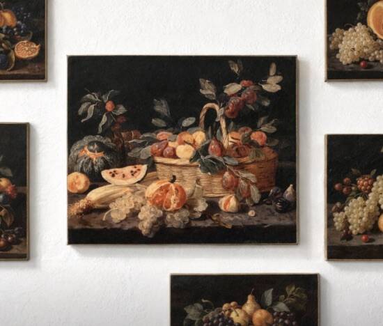 Small still life painting on a black background.