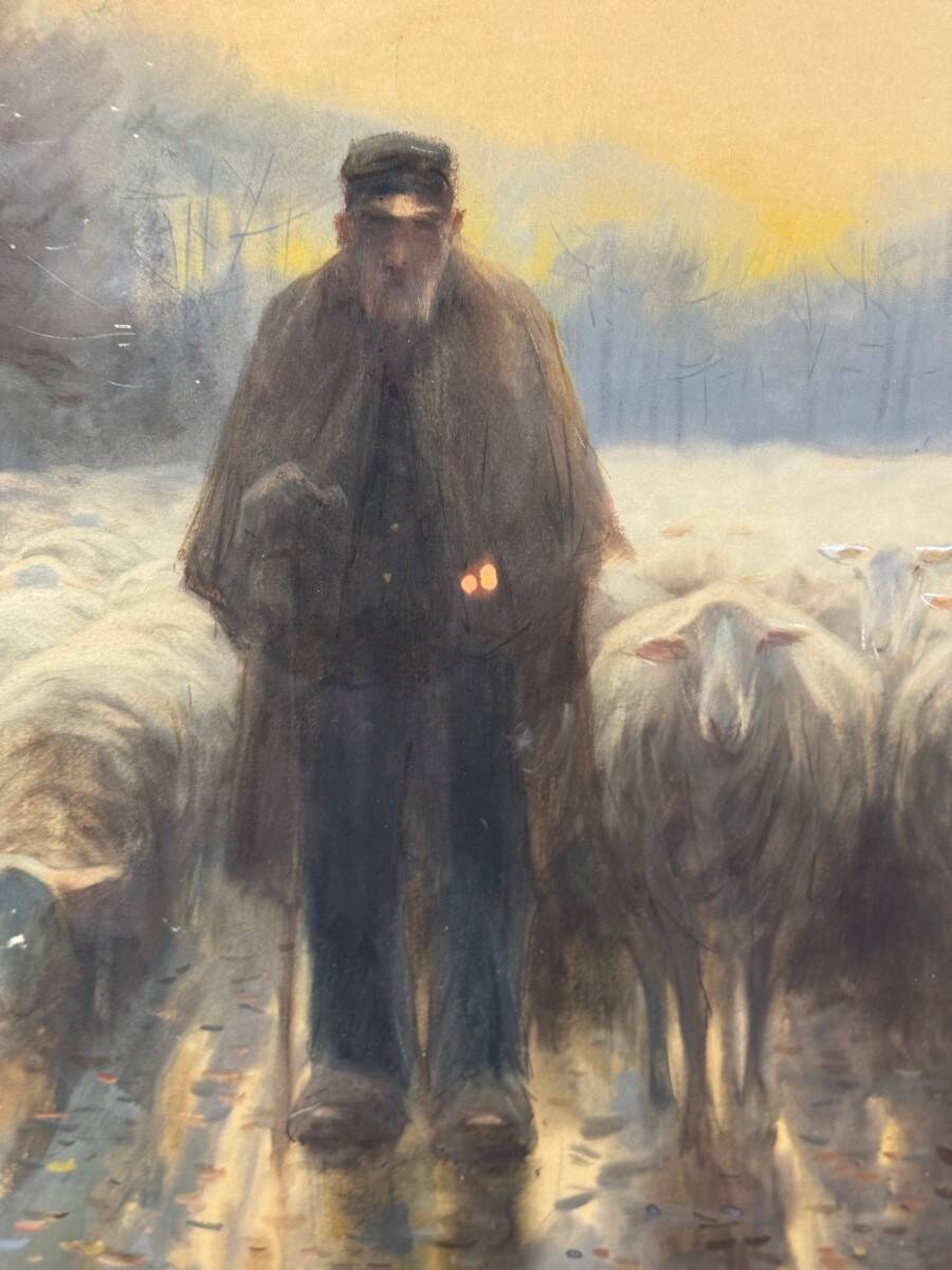 “Shepherd and his flock”, watercolor on paper, signed Maurice Hagemans