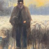 “Shepherd and his flock”, watercolor on paper, signed Maurice Hagemans