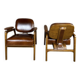 Scandinavian style armchairs (pair) in rubberwood and leather