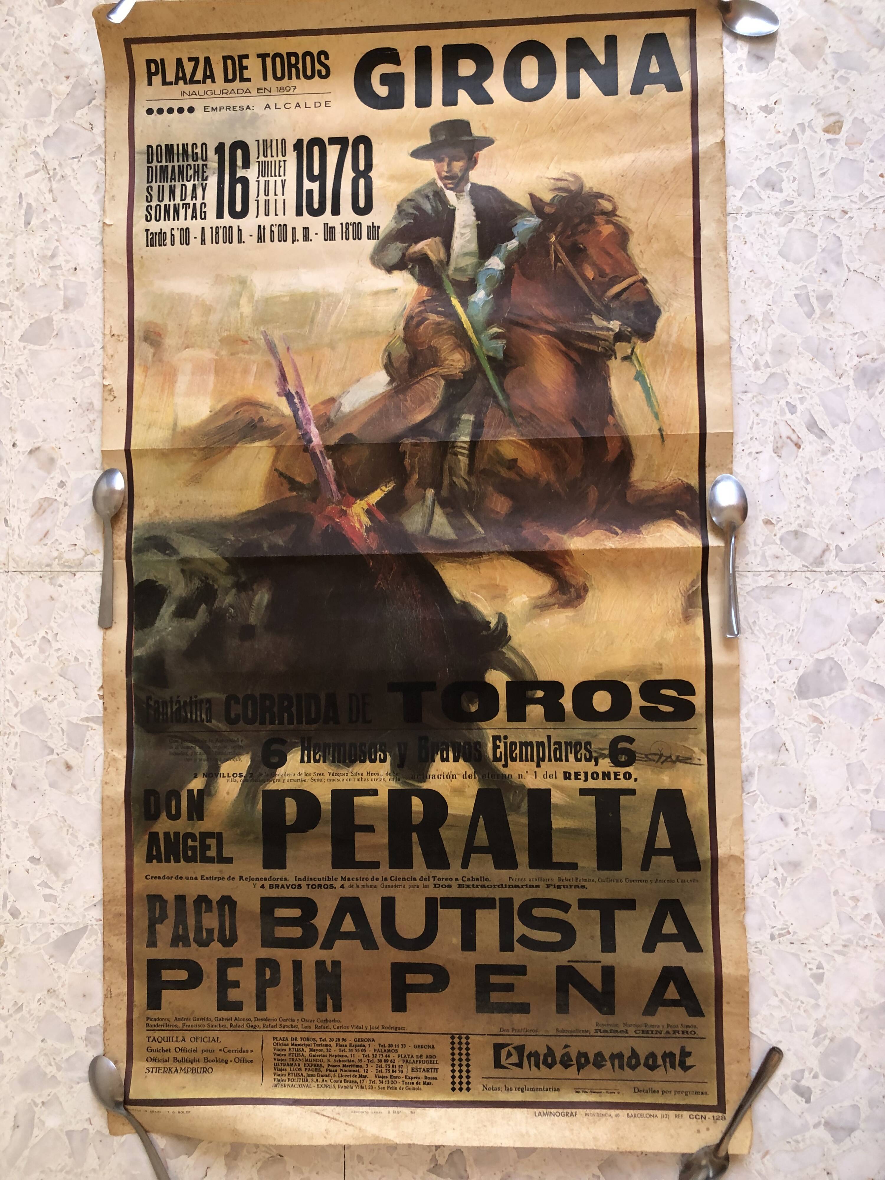 Corrida poster 1978 girona spain rejoneador bull toro bullring toreador picador banderillas
