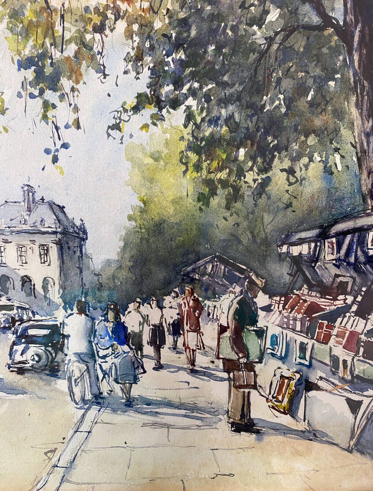 Painting "Bouquiniste - Quais de Seine" Paris Watercolor circa 1950 signed + frame