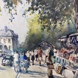 Painting "Bouquiniste - Quais de Seine" Paris Watercolor circa 1950 signed + frame