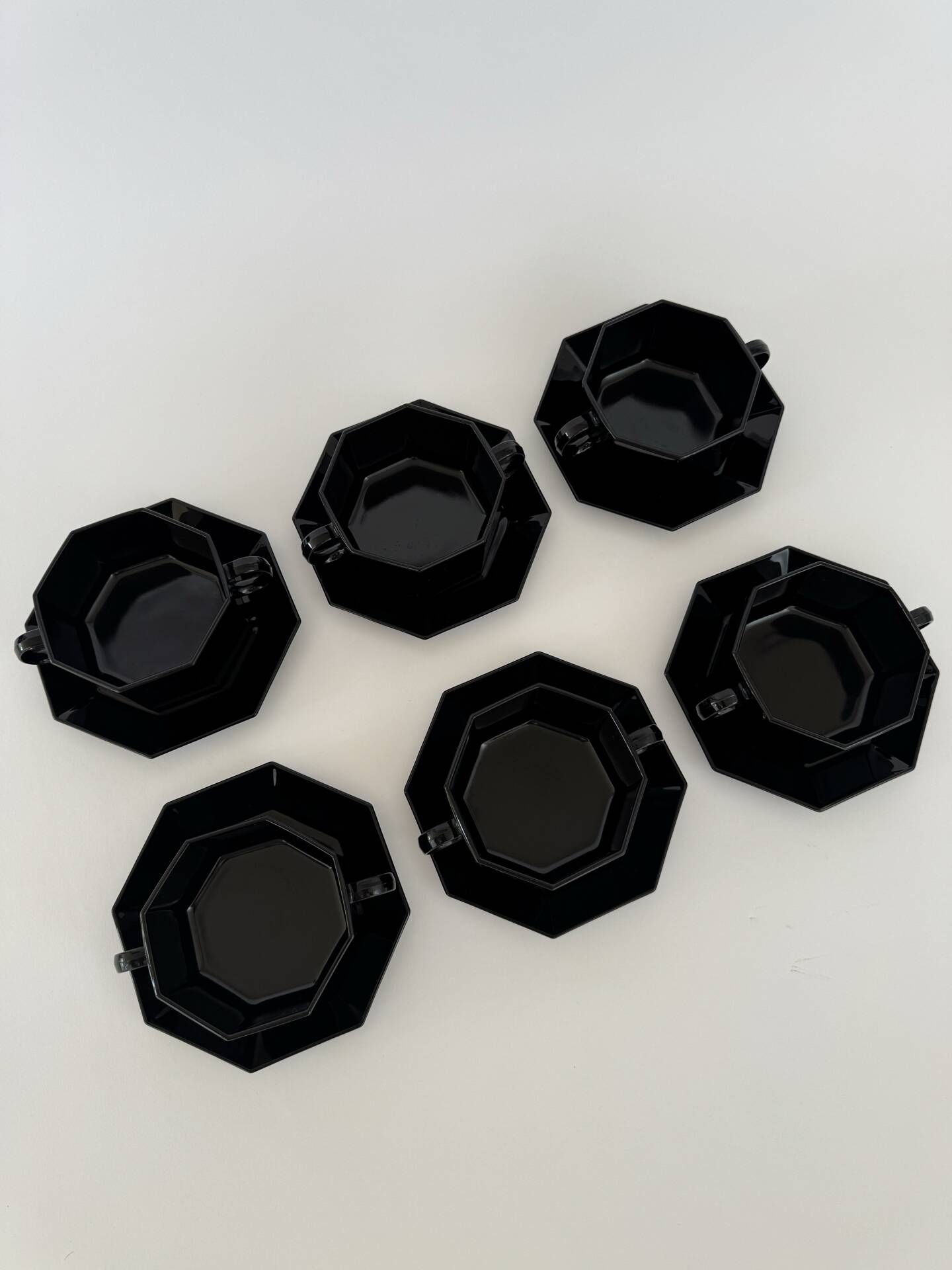 Vintage Set of 6 Arcoroc Black Glass Soup Cups and Saucers Set