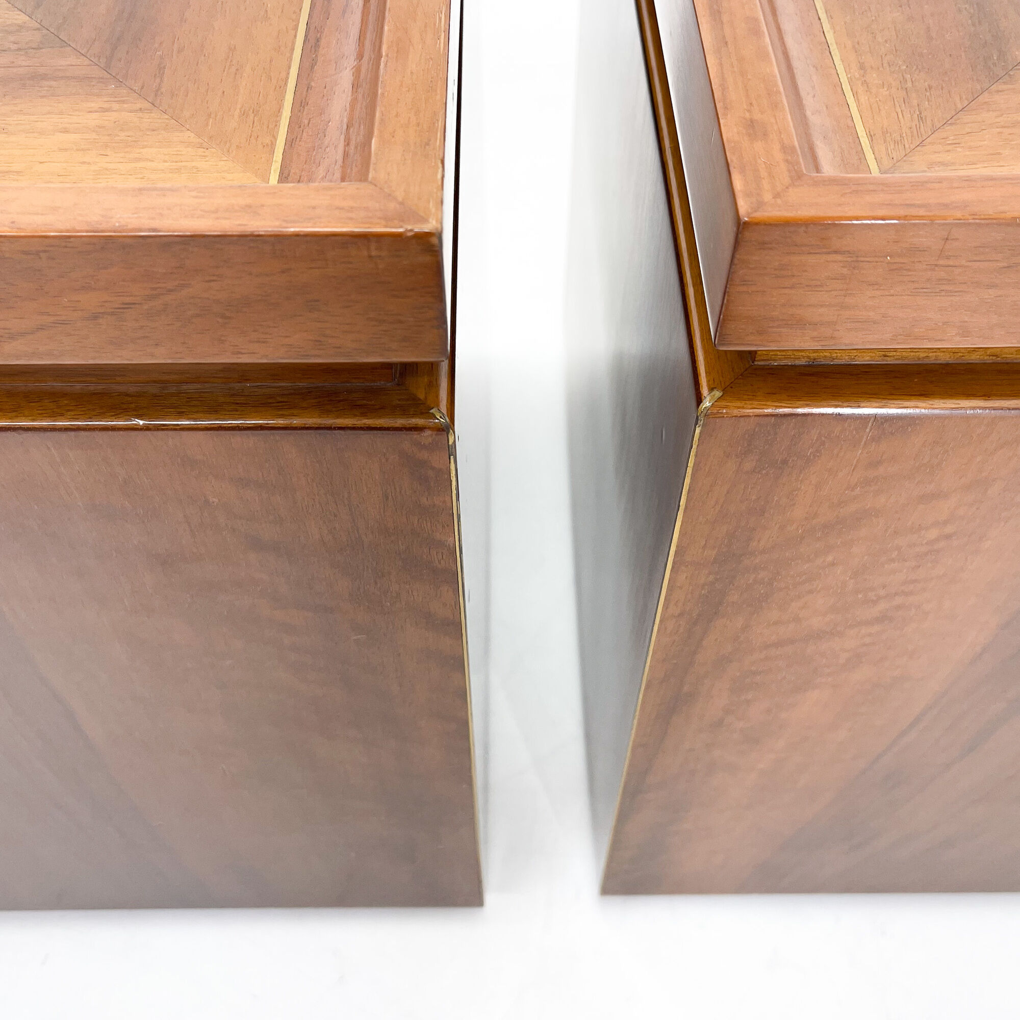 Set of walnut veneer side or night tables with brass detail, Italy 1950s