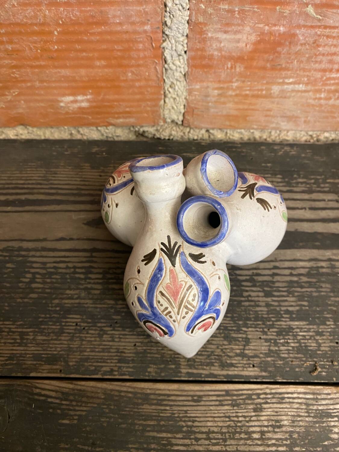 Antique vase with 3 soliflores, chiseled & painted ceramic, vintage