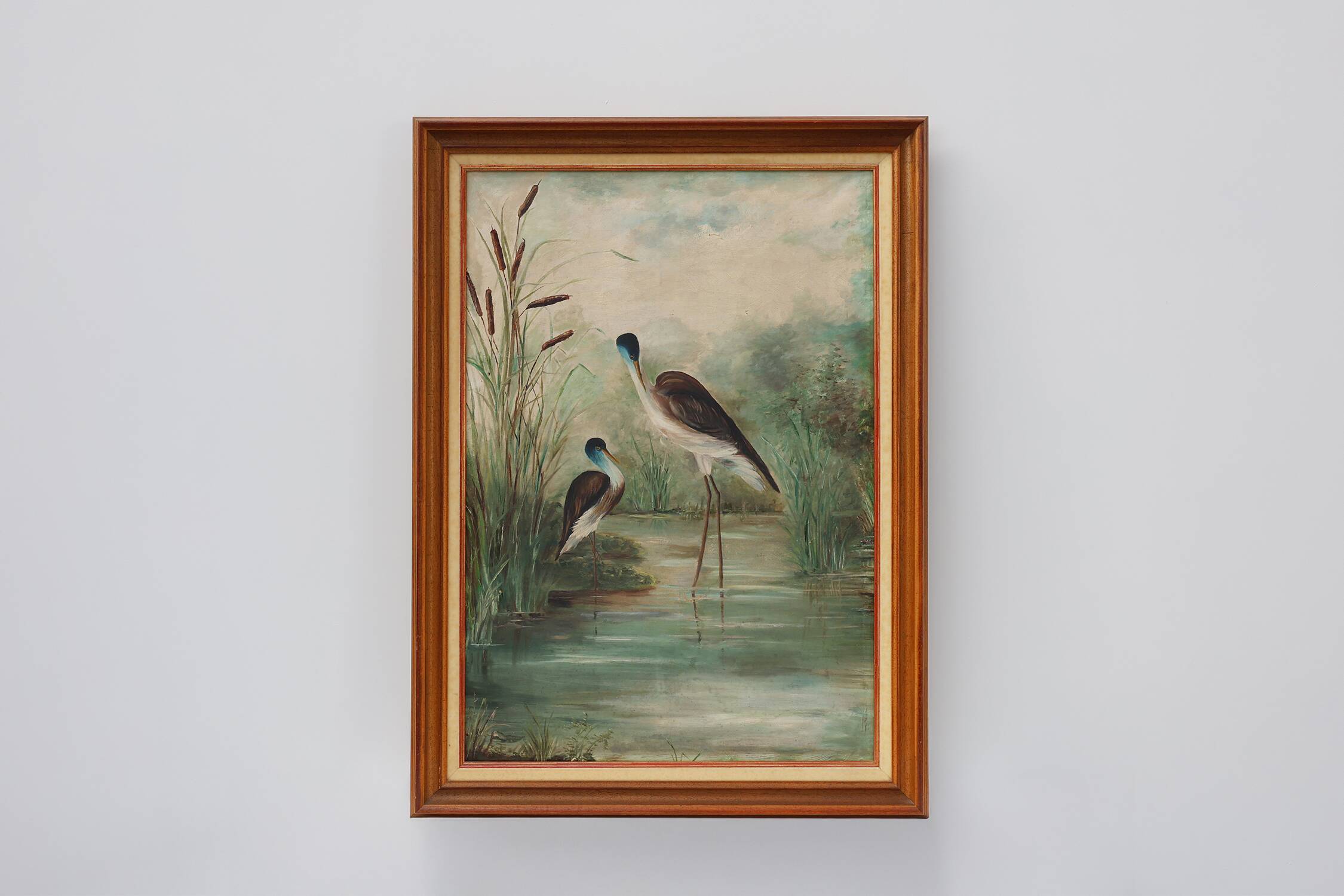 Large decorative painting of birds in water, France 1960s