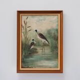 Large decorative painting of birds in water, France 1960s