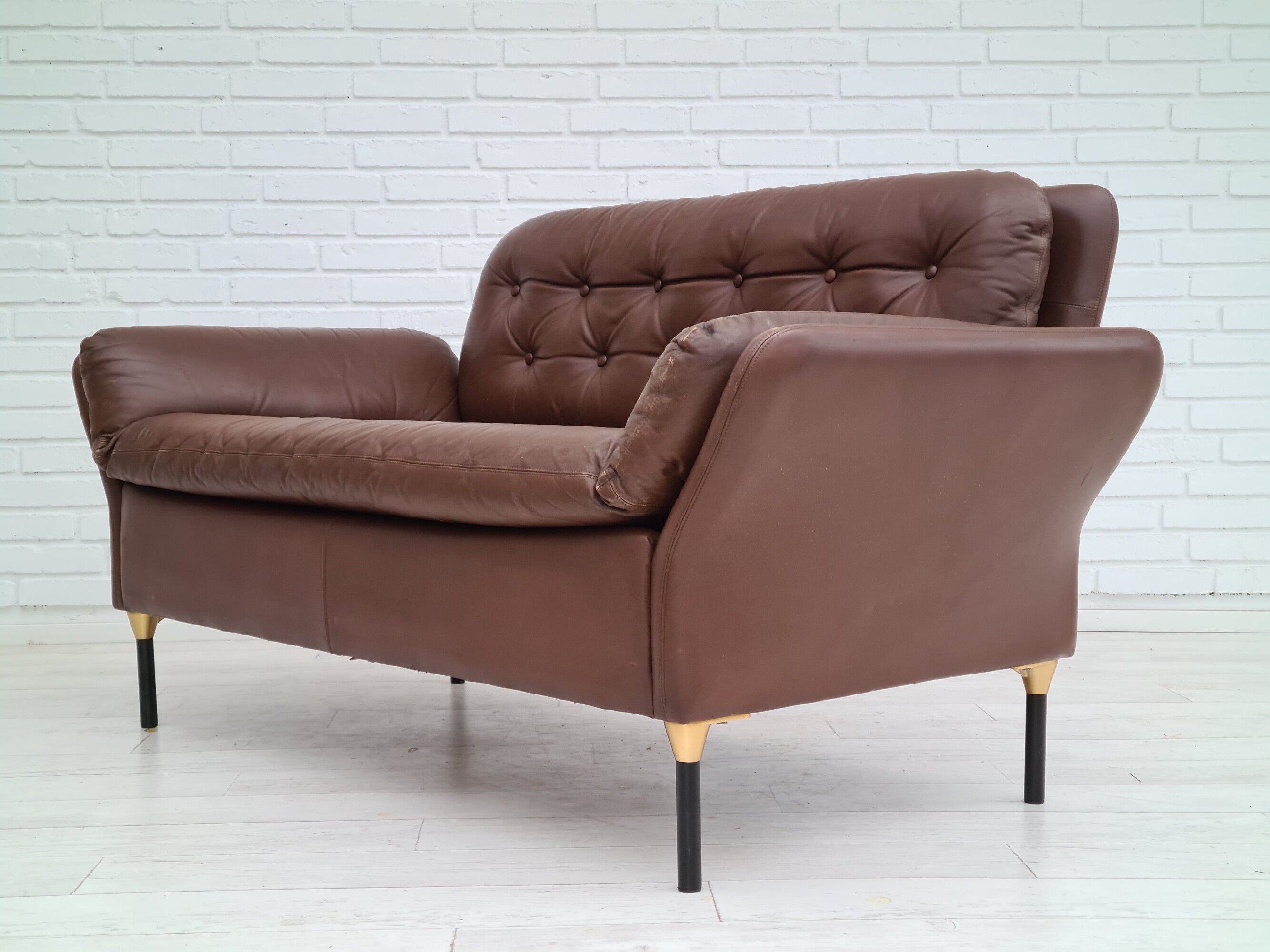 Danish 2-seater sofa, original brown leather, 70s