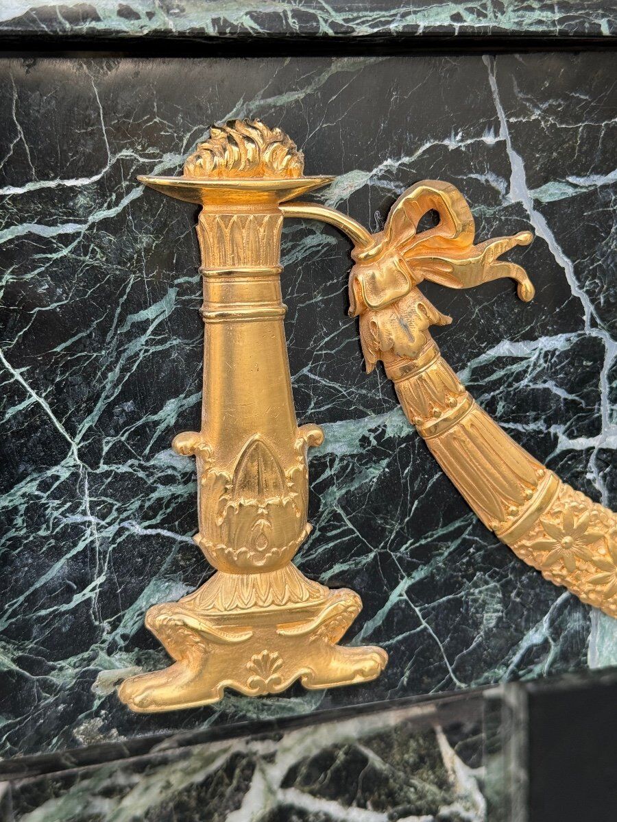 Empire style fireplace in antique green marble and gilded bronzes circa 1880