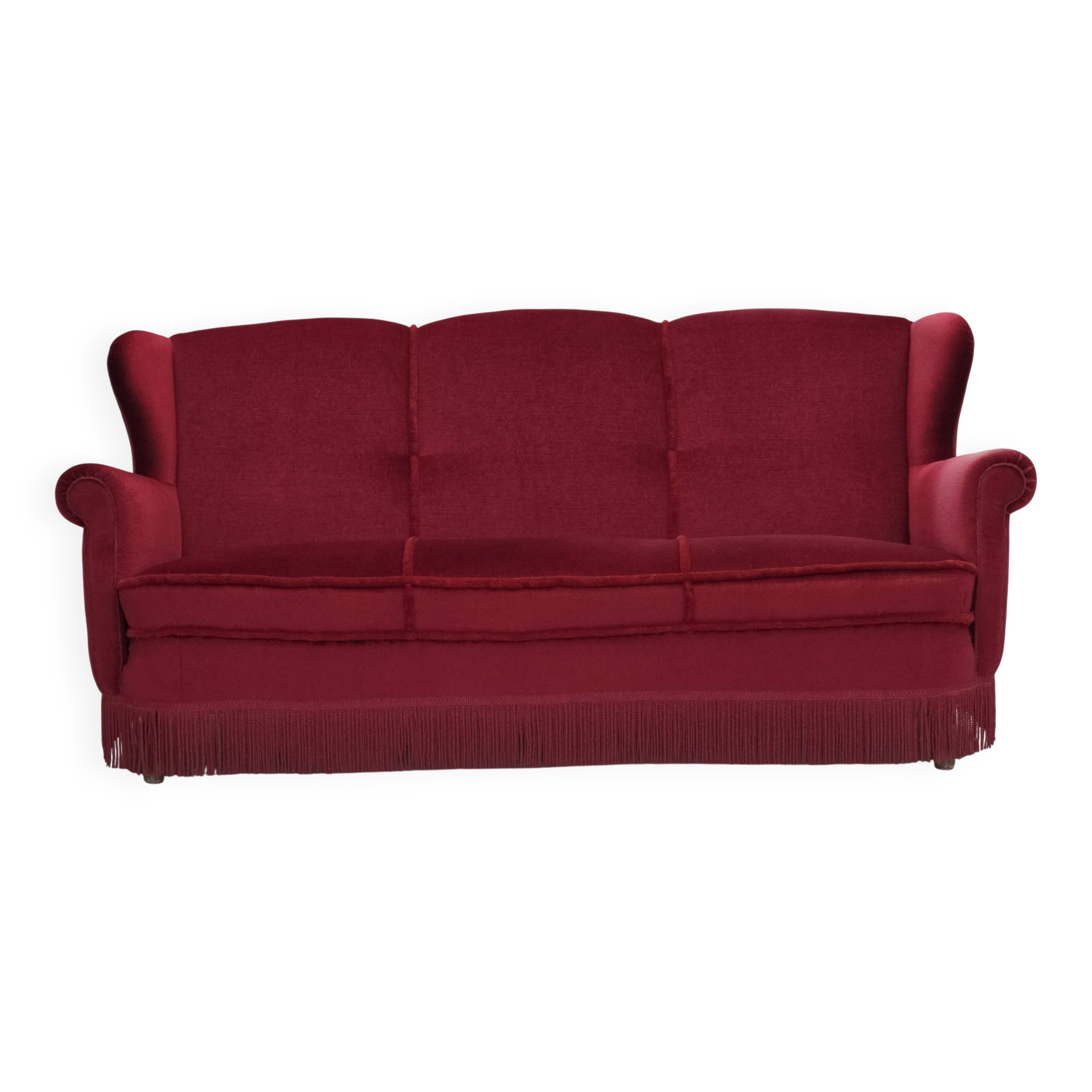 1960s, Danish 3-seater curved sofa, red furniture velour