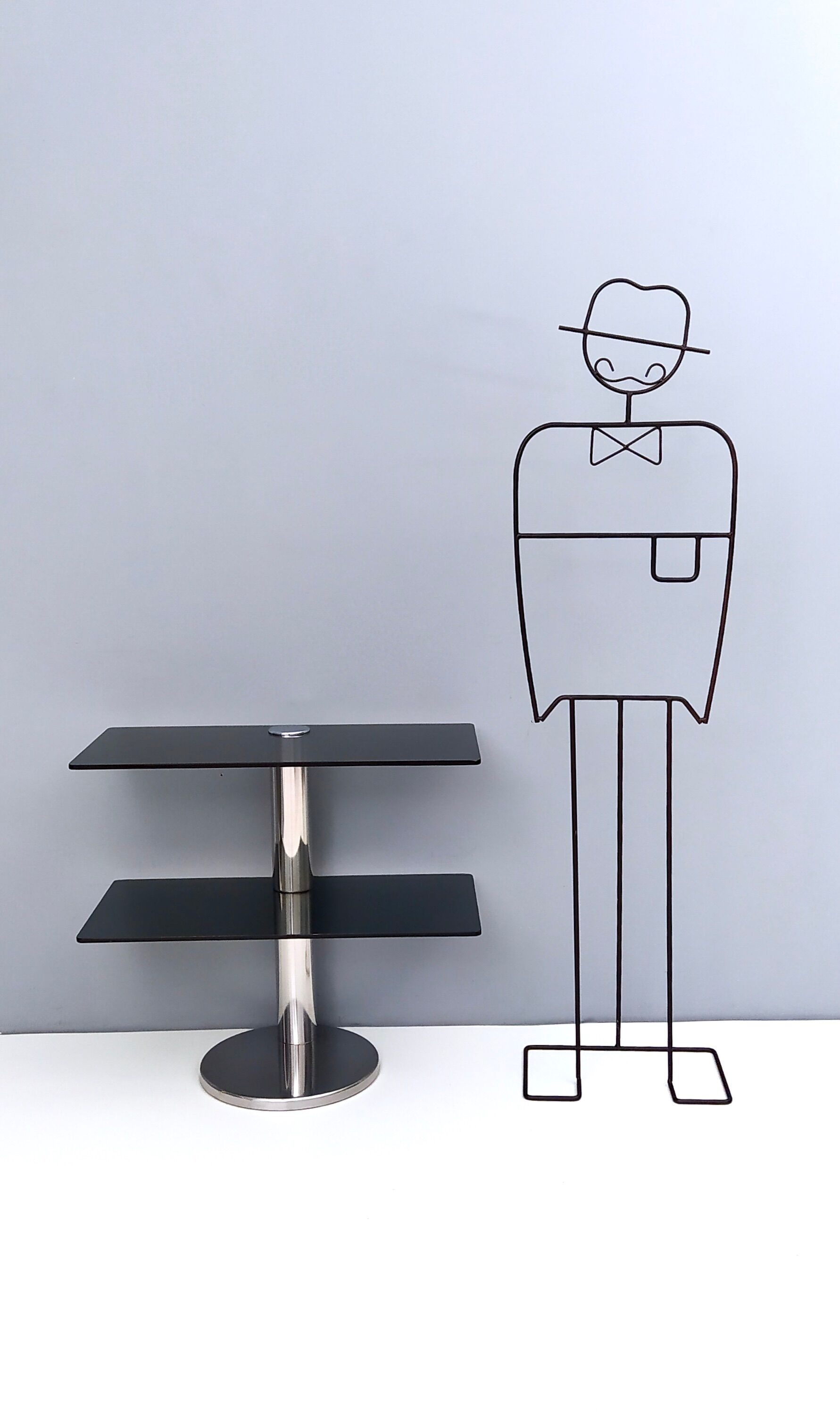 Postmodern Chromed Metal Console Table with Two Smoked Glass Shelves, Italy