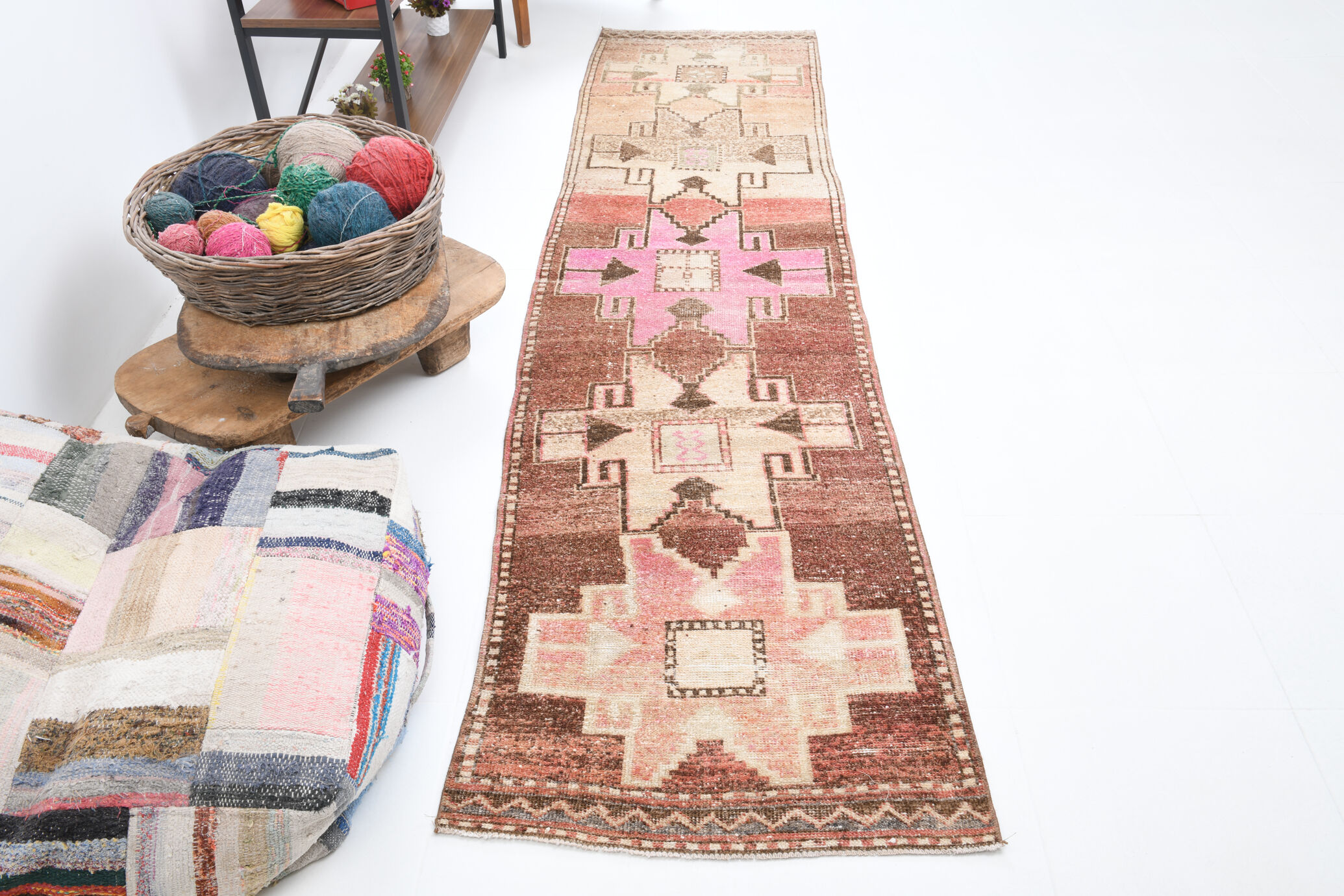 3x10 neutral geometric vintage runner rug, 296x73cm