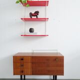 Mid century wall shelf in red and white in the string design, narrow modular hanging shelf