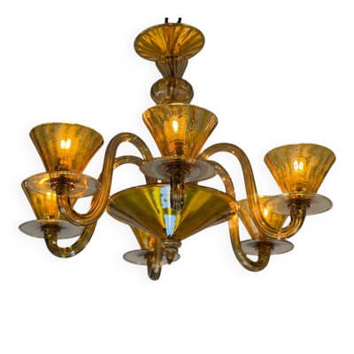Lustre vénitien en verre de Murano brun et jaune, vers 1940