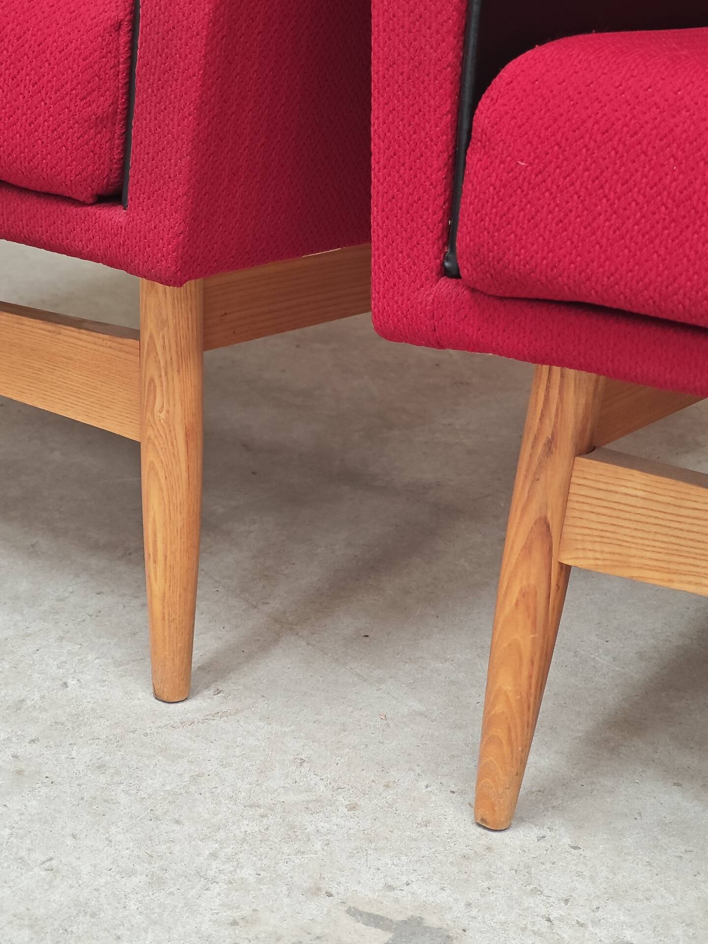 Pair of Drevotex Zamberk armchairs, red fabric and faux leather 1970