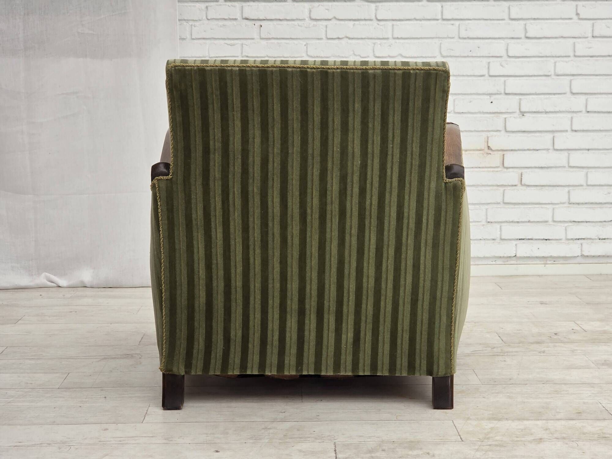 1950s, Danish relax armchair, green furniture velour, carved oak wood.