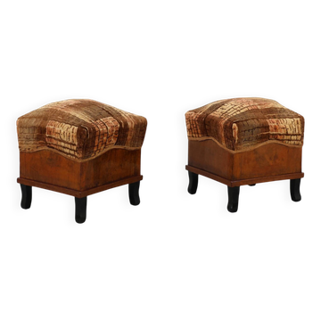 Pair Art Deco walnut stools with original velvet upholstery, Italy 1920s