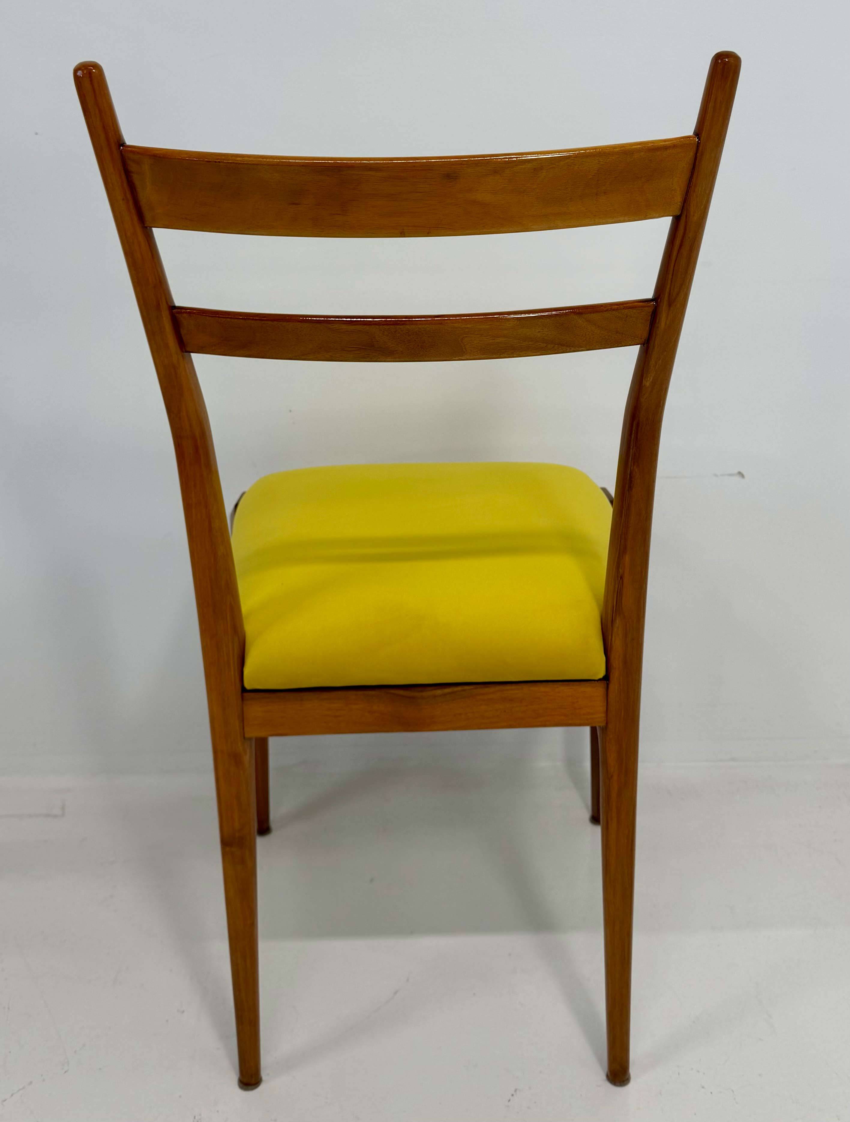 Set of Six Italian Art Deco Walnut Chairs with Colorful Velvet Seats, 1950s