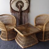Ensemble vintage de chaises de paon en osier et table des années 60