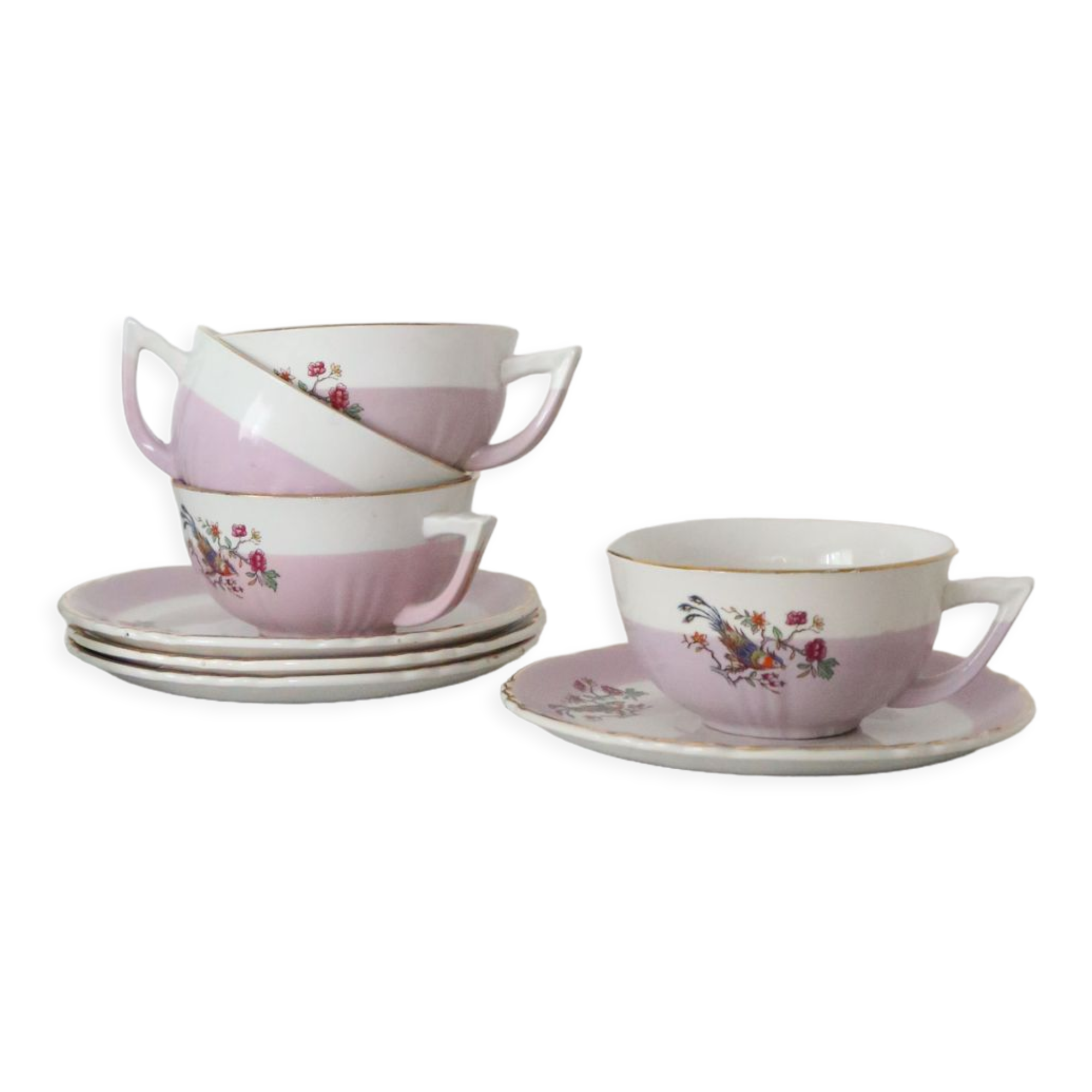 Set of 4 cups and sub-cups Moulin des Loups, vintage