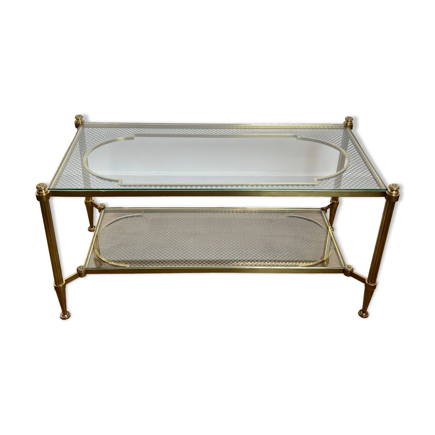 Rare bronze, brass, and steel mesh coffee table with a double glass top resting on a brass mesh. French work by Jansen