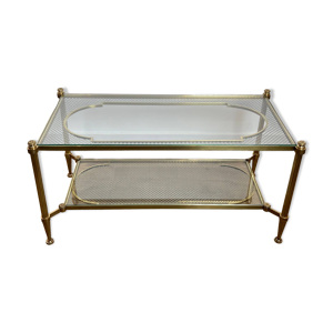 Table basse Maison Jansen en bronze, laiton, treillis d'acier et verre, France