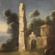 Antique painting river landscape with ruins and fishermen from the XVIIIth century