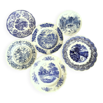 Six mismatched blue and white transferware plates/dishes