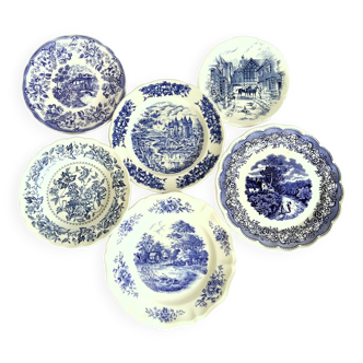 SIX assiettes/plats de transfert bleus et blancs dépareillés