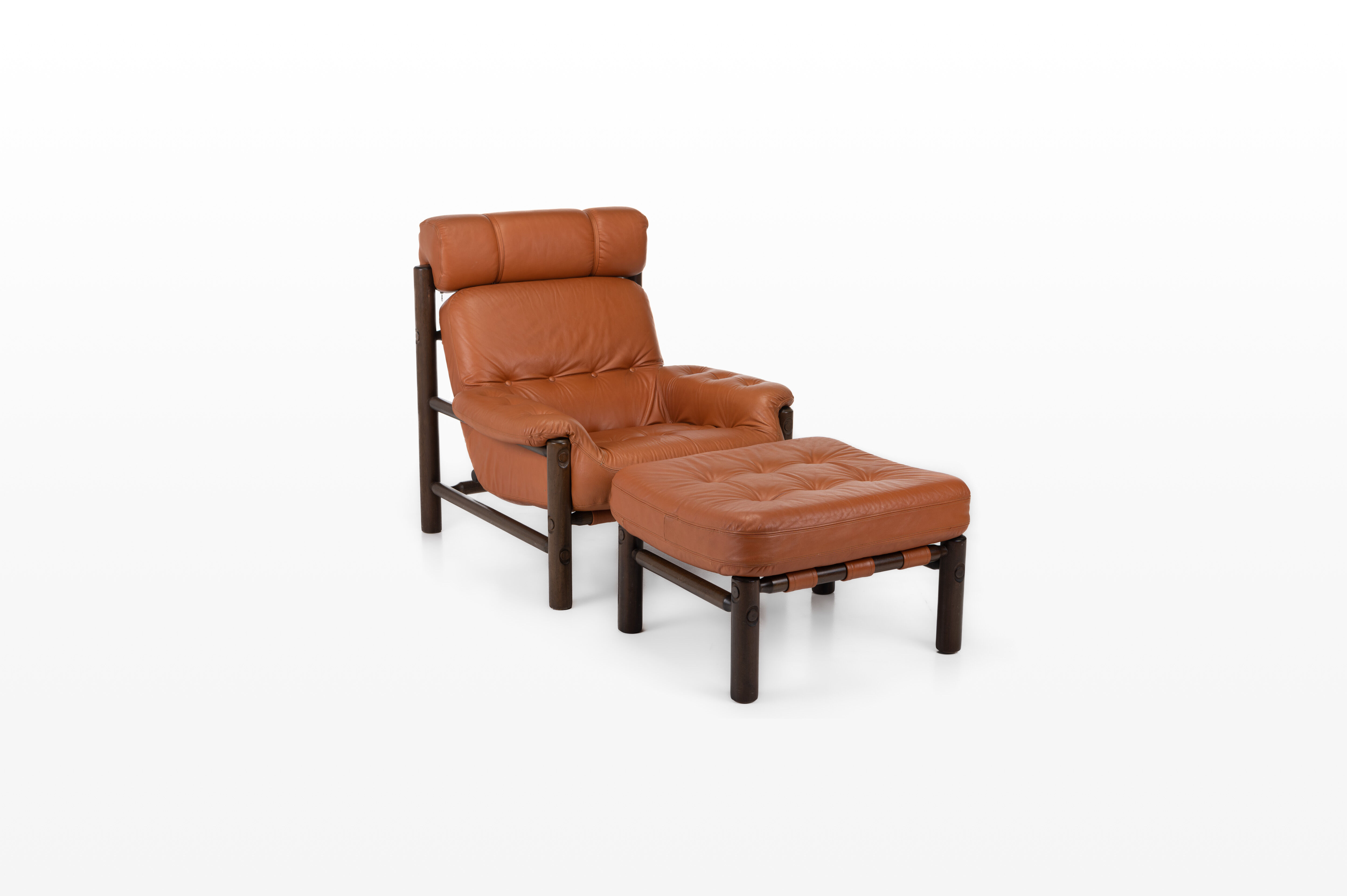 Brutalist Lounge Chair and Ottoman in Cognac Leather , 1970s