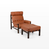 Brutalist Lounge Chair and Ottoman in Cognac Leather , 1970s