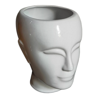 Vase cache-pot tête blanche en céramique années 60