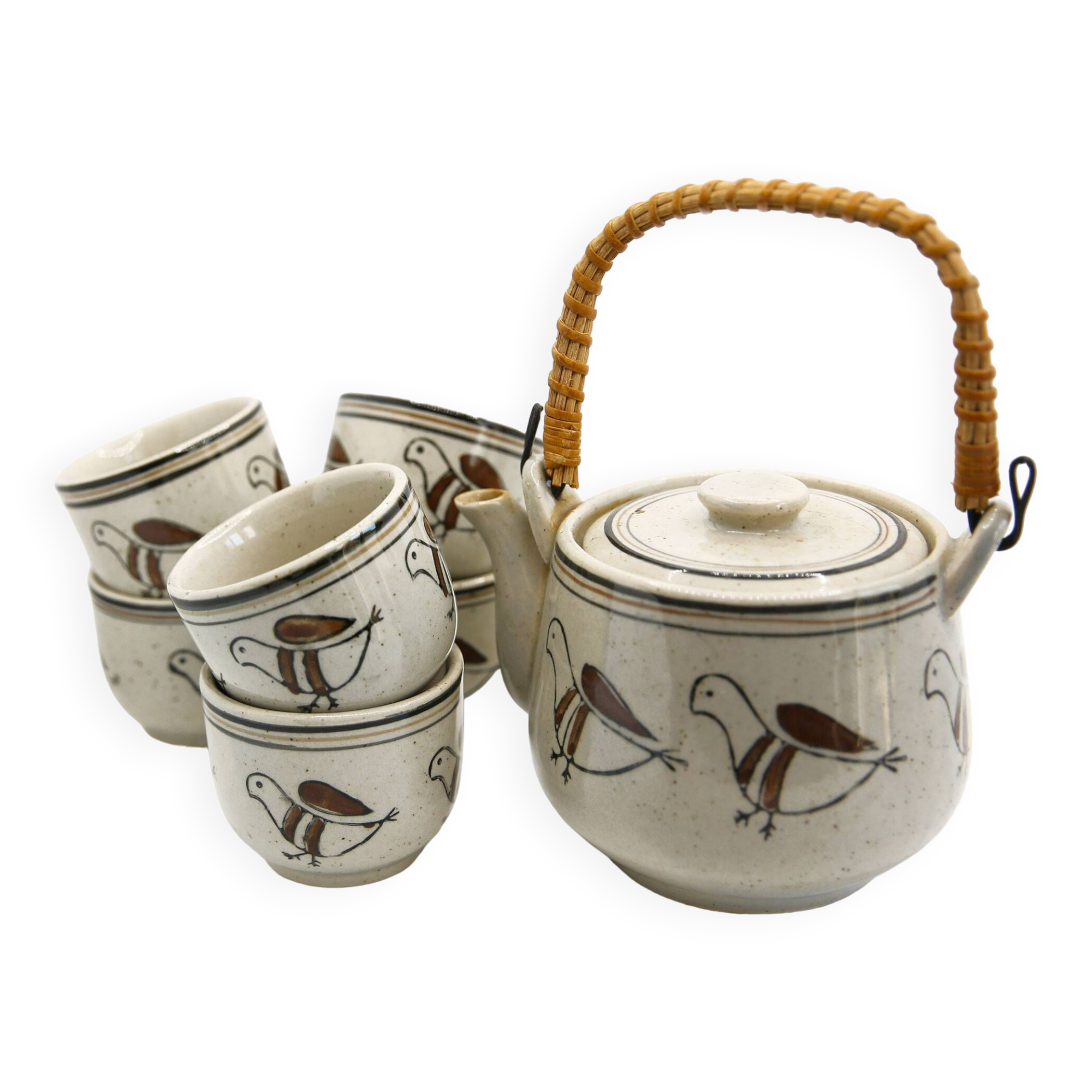 Teapot and its 6 cups with birds Seventies look made in Korea