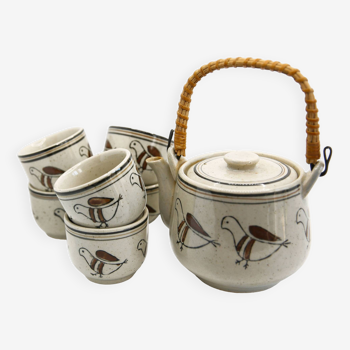 Teapot and its 6 cups with birds Seventies look made in Korea