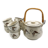 Teapot and its 6 cups with birds Seventies look made in Korea