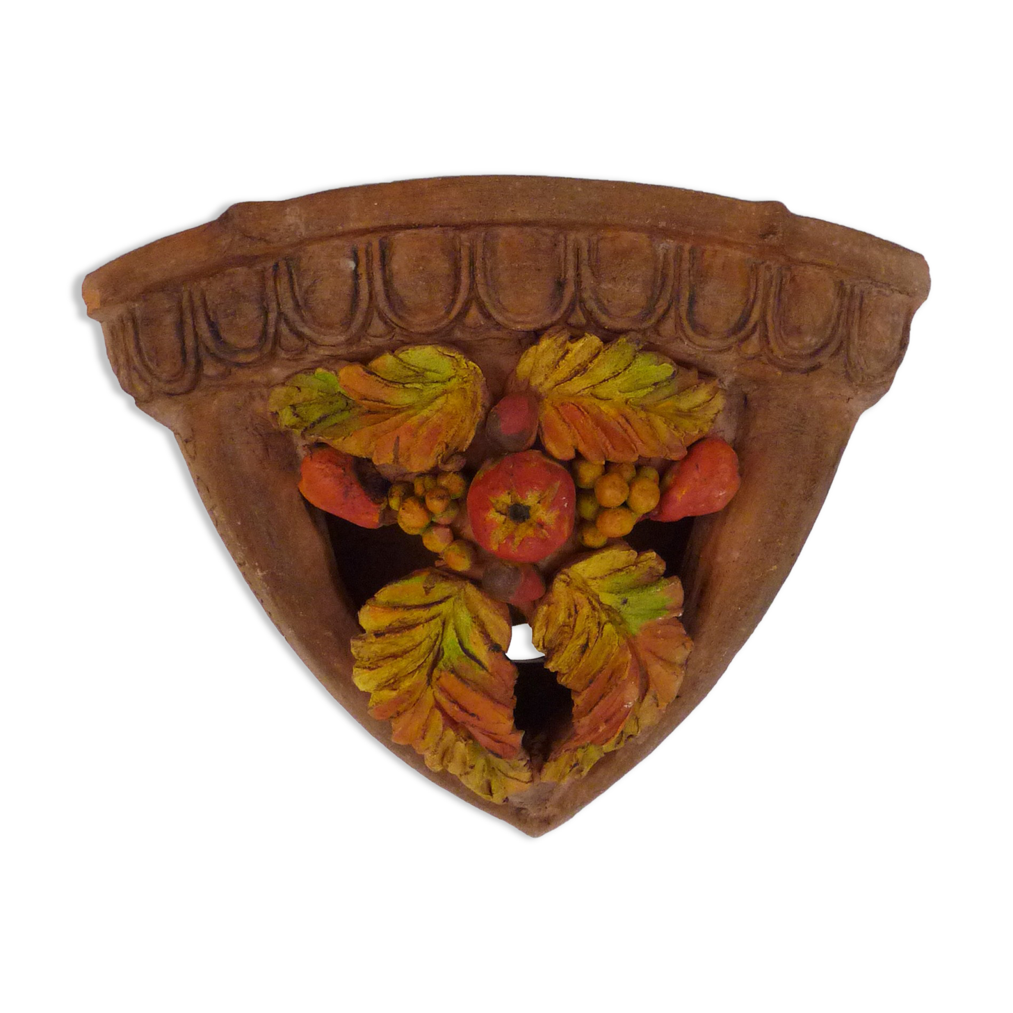 Corner wall lamp in terracotta with fruit decoration, signed D.Chadeau