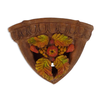 Corner wall lamp in terracotta with fruit decoration, signed D.Chadeau