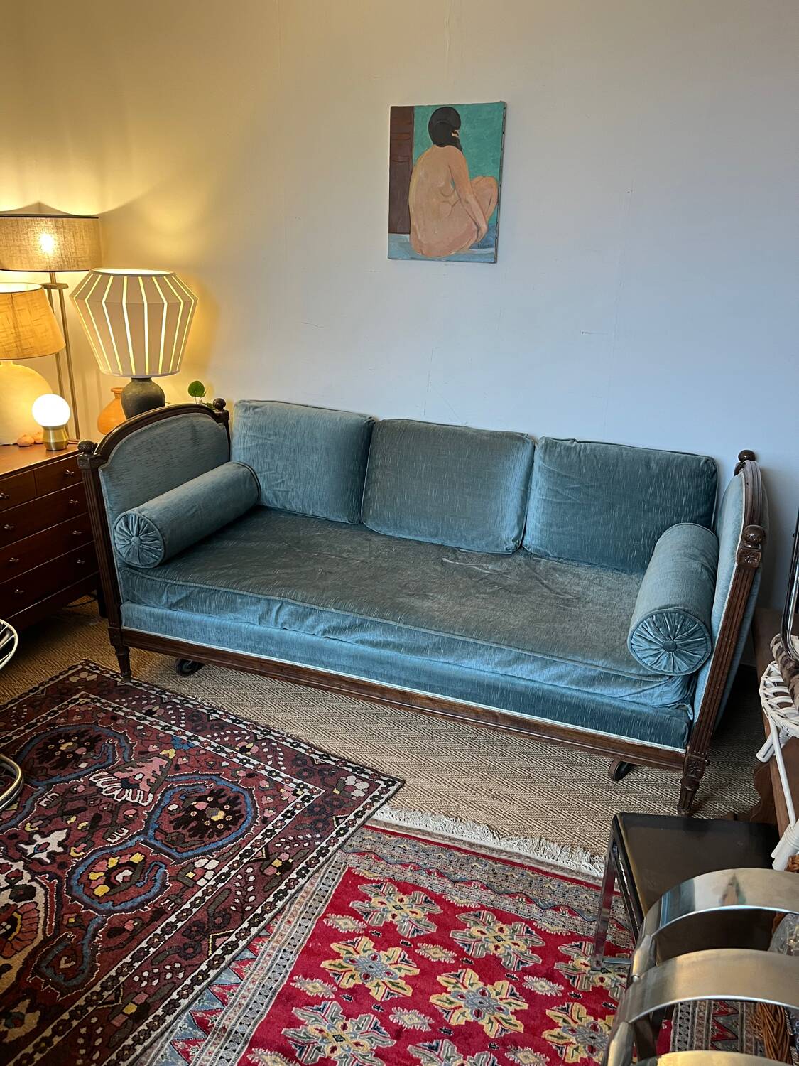 Vintage Louis XVI style blue velvet sofa