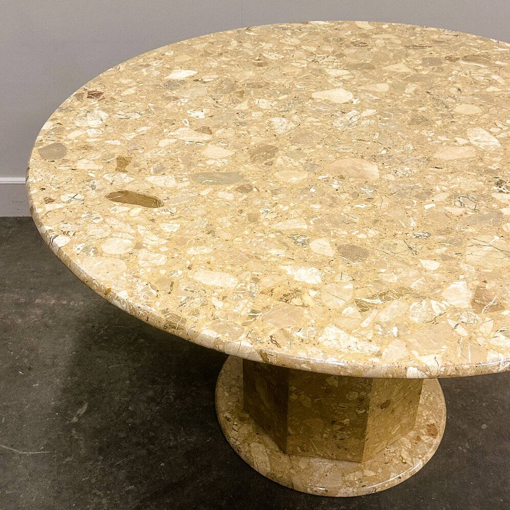 Round breccia marble pedestal table | 1980s vintage stone dining table | Postmodern