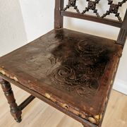 Antique 1930s Leather Dining Chair: Carved Wood Base, Metal Accents