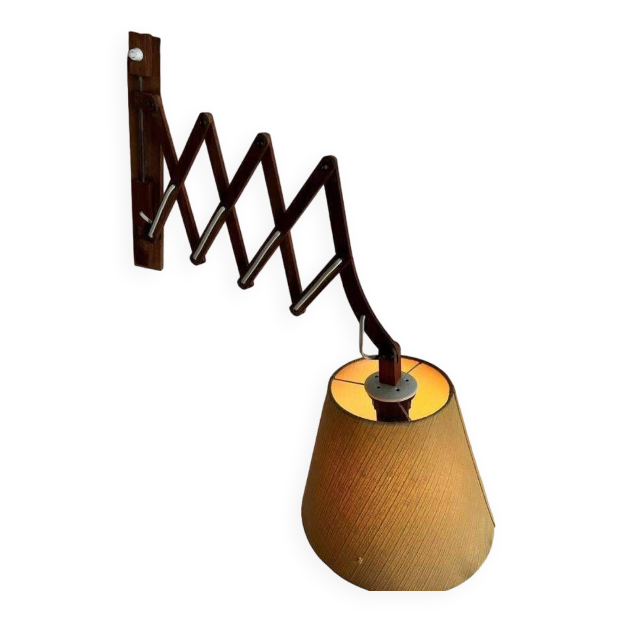 VINTAGE WOODEN WALL LAMP / SCISSOR LAMP WITH LAMPSHADE 'ARO LEUCHTEN'