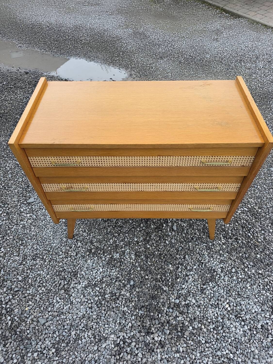 Commode vintage en chêne et cannage des années 60