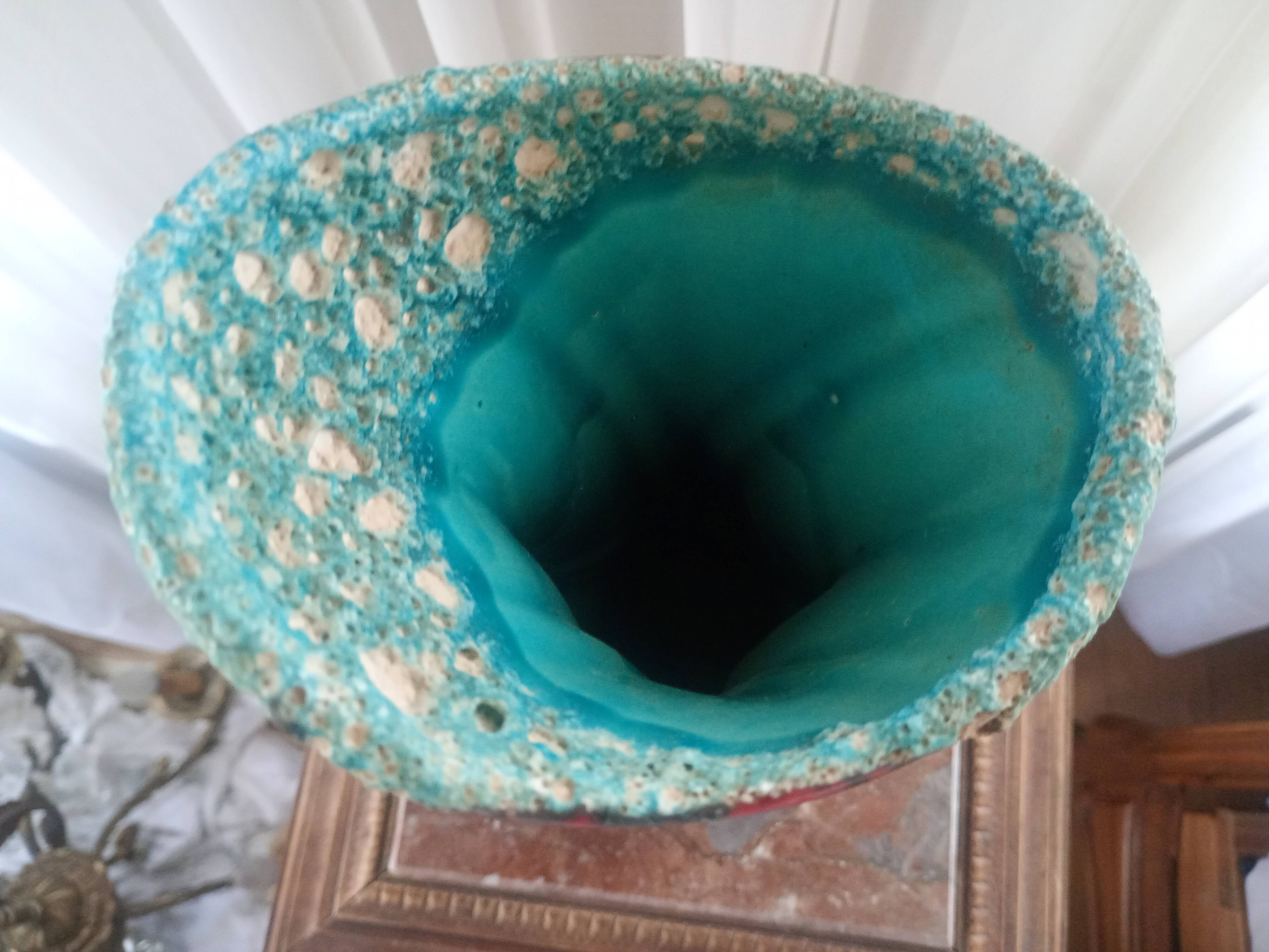 Turquoise "lava" double-handled vase - red & black enamel drips