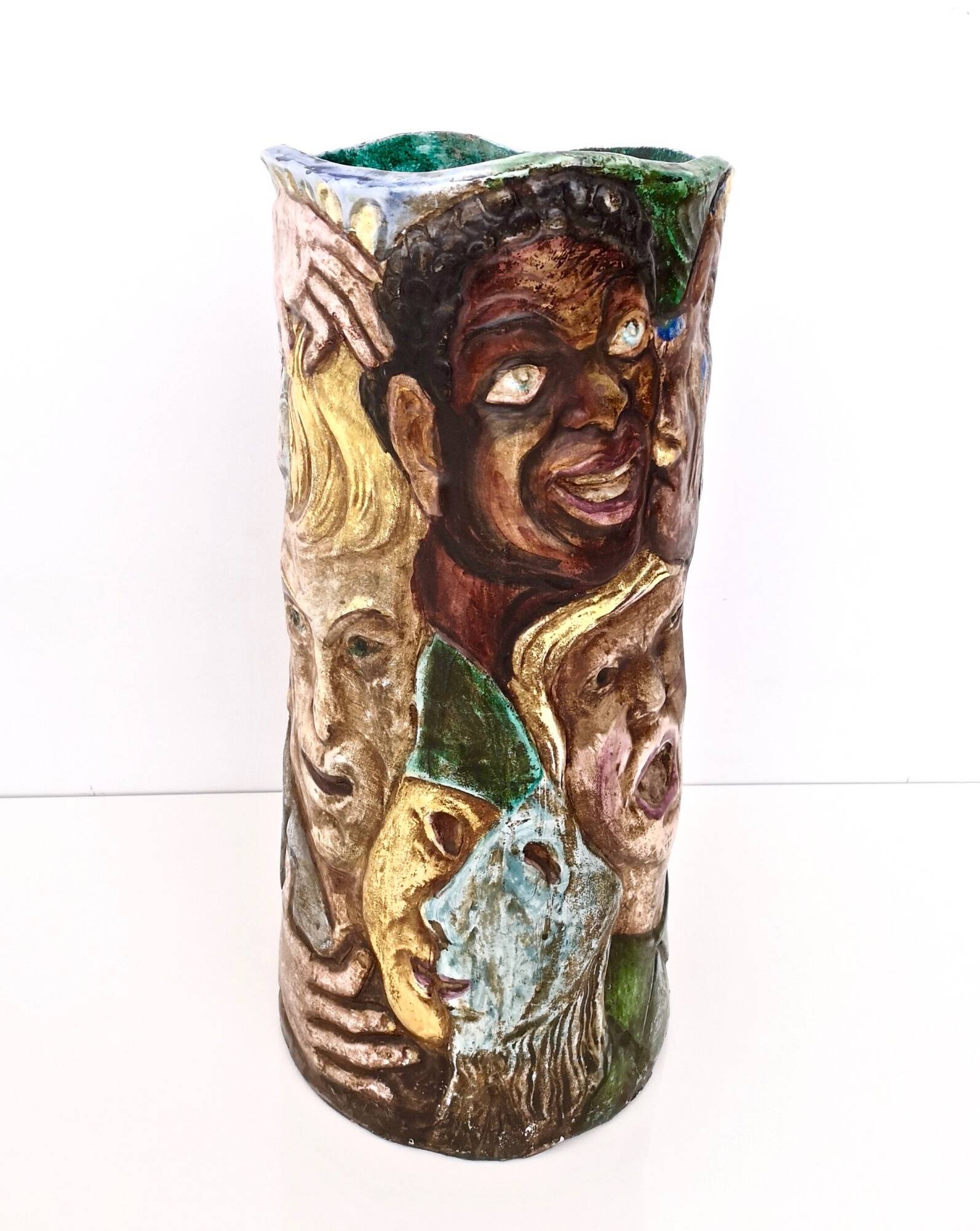 Unique Vintage Hand-Painted Vase with Faces Ascribable to Tullio d'Albisola