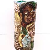 Unique Vintage Hand-Painted Vase with Faces Ascribable to Tullio d'Albisola