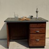 Modernist desk in wood and green moleskin upholstery