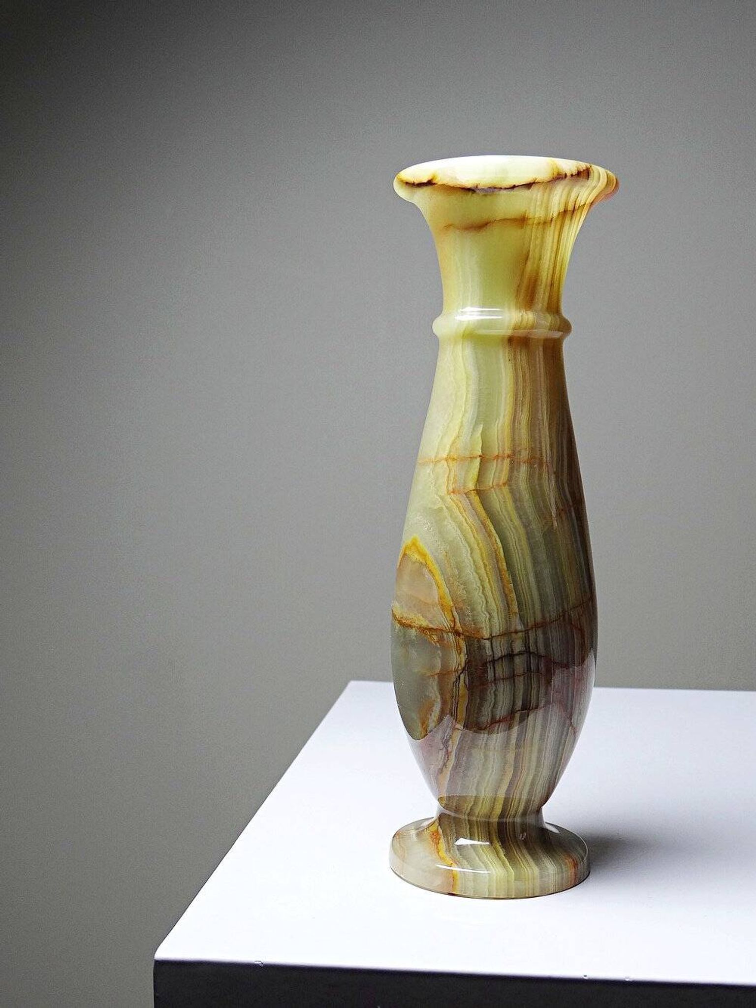 Small vintage baluster vase in green striped onyx, Italy, mid-century.